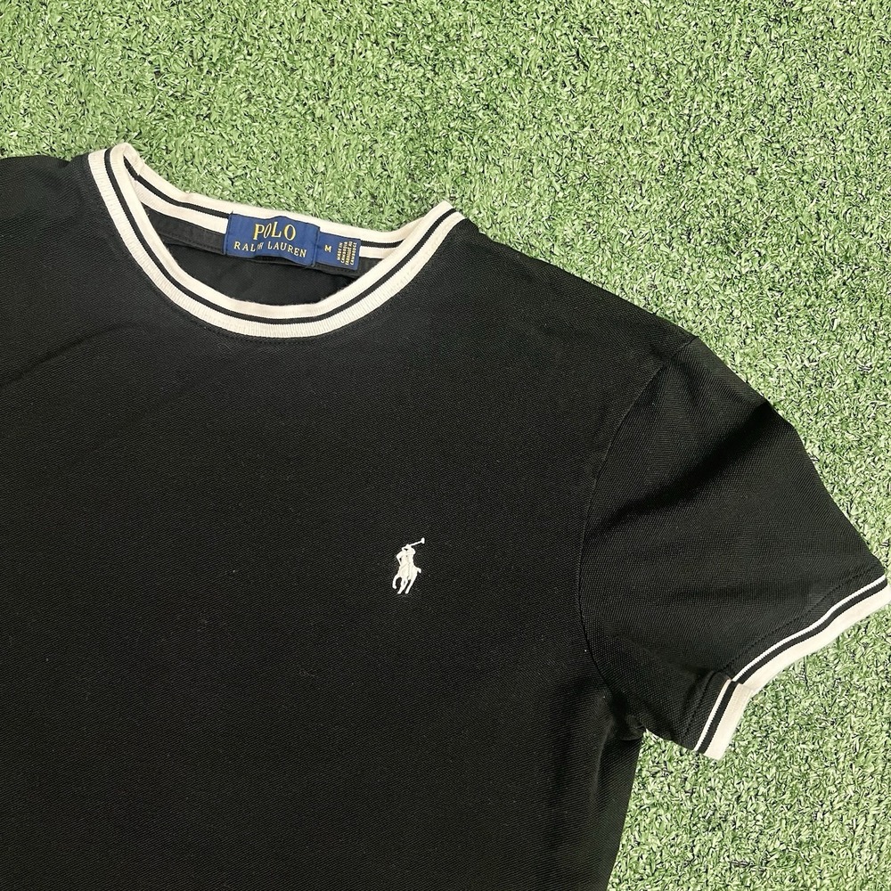 Polo Ralph Lauren Women M Custom Slim Fit Ringer Crew T-Shirt Black Contrast